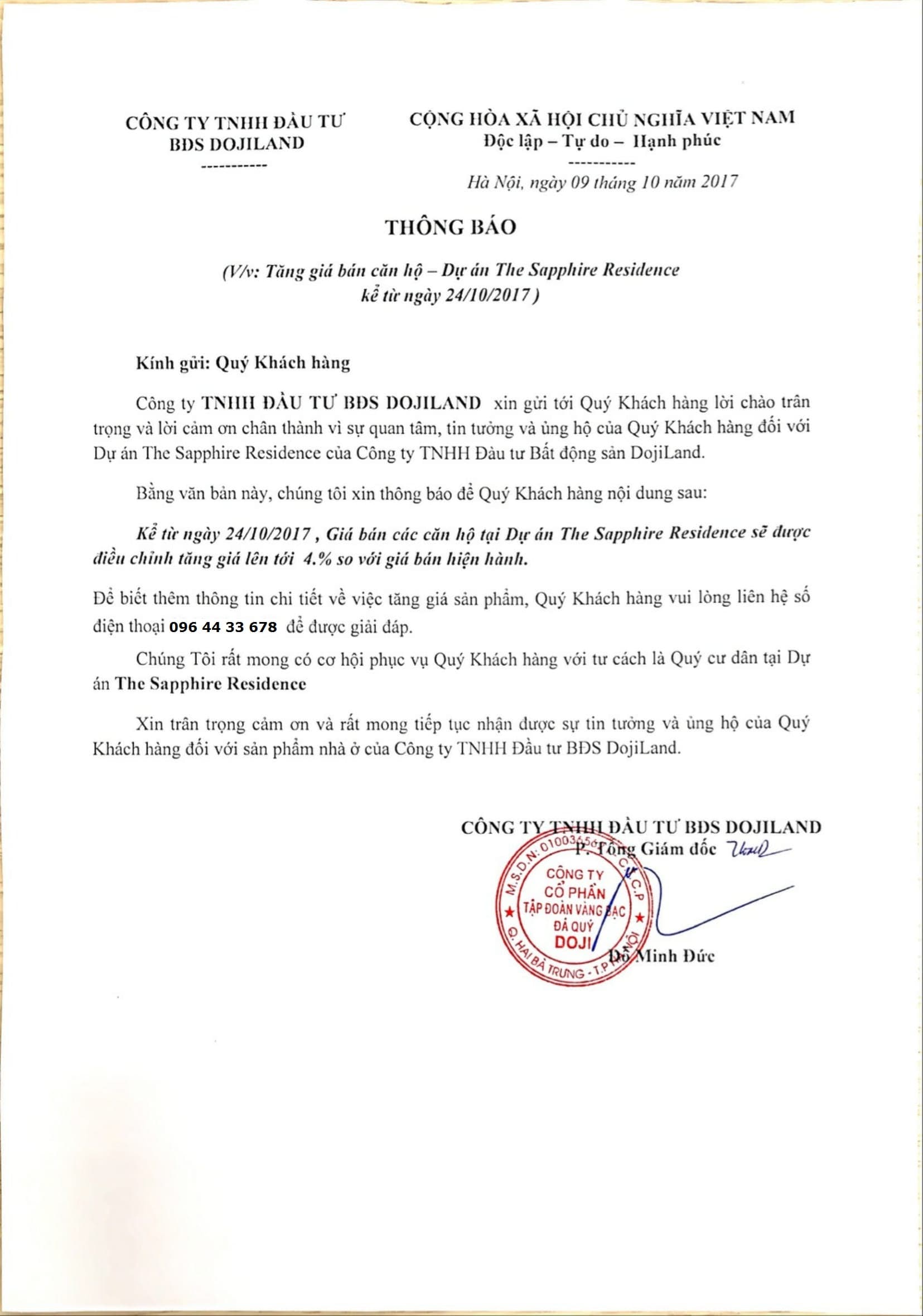 Thông báo tăng giá dự án The Sapphire Residence Hạ Long