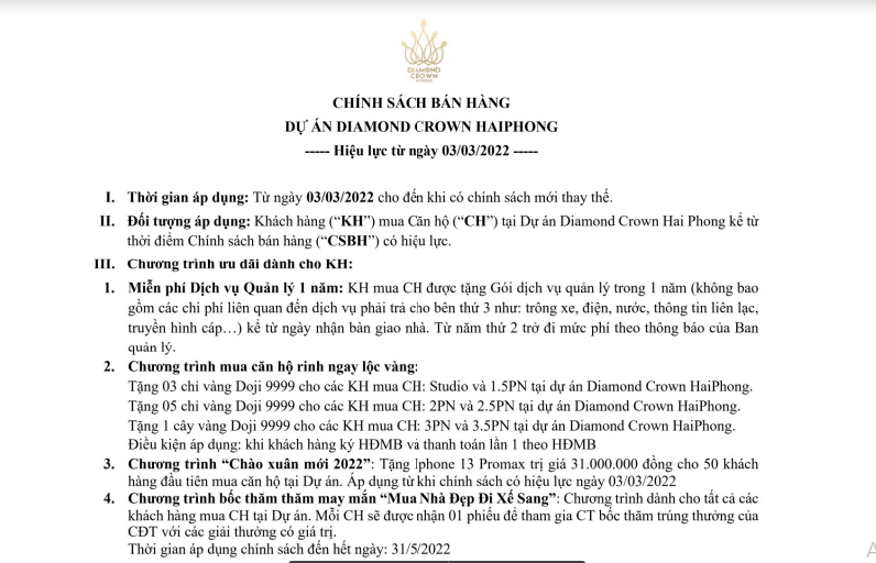Chính sách bán hàng Doji Diamond Crown Hải Phòng